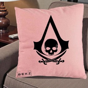 Perna Personalizata Assassin's Creed Black Flag Skull, 40x40 cm, Roz, Husa Detasabila, Perna Inclusa, BEKZ®