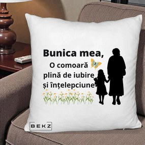 Cadou pentru Bunica - Perna Personalizata Bunica Mea Comoara Iubire Intelepciune Varianta Extinsa, 40x40 cm, Alb Pufos, Husa Detasabila, Perna Inclusa, BEKZ®