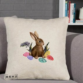 Perna Decorativa Iepuras cu Oua de Pasti Acuarela, 40x40 cm, Bej Canapea, Husa Detasabila, Perna Inclusa, BEKZ®