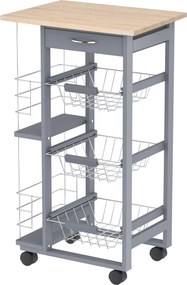 HOMCOM Carucior Bucatarie Multifunctional cu 3 Sertare Detasabile 2 Suporturi Sticle Lemn de Pin Metal 47x37x83cm Stejar Gri | Aosom Romania