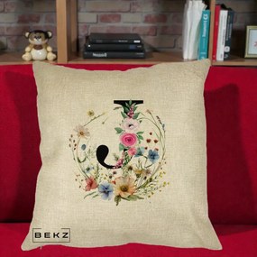 Cadou Personalizat - Perna Personalizata Monogram Litera J cu Flori Acuarela, 40x40 cm, Crem, Husa Detasabila, Perna Inclusa, BEKZ®