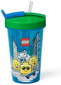 Pahar cu capac verde și pai LEGO® Iconic, 500 ml, albastru