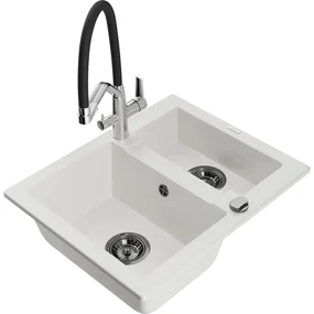 Mexen Carlos chiuvetă de granit cu 1,5 compartiment și baterie de bucătărie Duo, Albă - 6518-20-671701-07-B