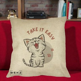 Perna Personalizata Take It Easy Cat, 40x40 cm, Crem, Husa Detasabila, Perna Inclusa, BEKZ®