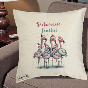 Perna Decorativa Flamingo Craciun Sarbatoarea Familiei, 40x40 cm, Ecru, Husa Detasabila, Perna Inclusa, BEKZ®