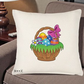 Perna Decorativa Cos cu Oua de Pasti Colorat, 40x40 cm, Crem Reliefat, Husa Detasabila, Perna Inclusa, BEKZ®