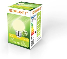 Bec LED Ecoplanet glob mic alb G45, E27, 1W (10W), 80 LM, G, lumina calda 3000K, Mat Lumina calda - 3000K, 1 buc