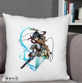 Perna Personalizata Attack on Titan Mikasa Ackerman Lupta, 40x40 cm, Alb Pufos, Husa Detasabila, Perna Inclusa, BEKZ®