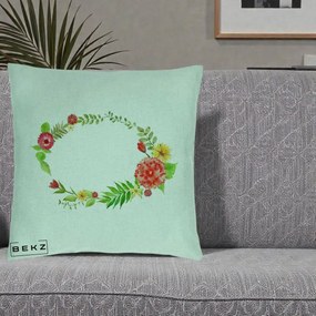 Perna Decorativa Coroana Florala Acuarela, 40x40 cm, Verde Menta, Husa Detasabila, Perna Inclusa, BEKZ®