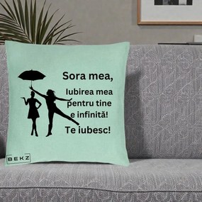 Cadou pentru Sora - Perna Personalizata Sora Mea Te Iubesc Siluete Negre cu Umbrela, 40x40 cm, Verde Menta, Husa Detasabila, Perna Inclusa, BEKZ®