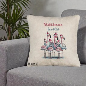 Perna Decorativa Flamingo Craciun Sarbatoarea Familiei, 40x40 cm, Bej Canapea, Husa Detasabila, Perna Inclusa, BEKZ®