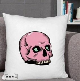 Perna Decorativa Craniu Roz Tatoo Art Halloween, 40x40 cm, Alb Pufos, Husa Detasabila, Perna Inclusa, BEKZ®