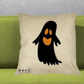 Perna Decorativa Halloween Fantoma Neagra cu Ochi Portocalii, 40x40 cm, Crem, Husa Detasabila, Perna Inclusa, BEKZ®