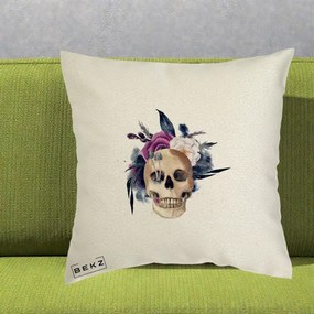 Perna Decorativa Craniu Floral cu Trandafiri si Ciuperci, 40x40 cm, Ecru, Husa Detasabila, Perna Inclusa, BEKZ®