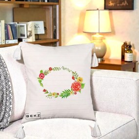Perna Decorativa Coroana Florala Acuarela, 40x40 cm, Bej cu Franjuri, Husa Detasabila, Perna Inclusa, BEKZ®