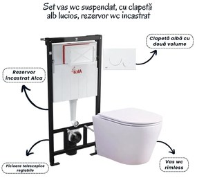 Set vas wc suspendat rimless cu capac soft close Oslo, rezervor incastrat si clapeta alb lucios Alcaplast