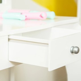 HOMCOM Coafatoare pentru Copii cu Taburet, oglindă triptică și Sertar Culisant - Dimensiuni Coafatoare 63L x 40l x 85,5H cm - Alb Acrilic | Aosom Romania