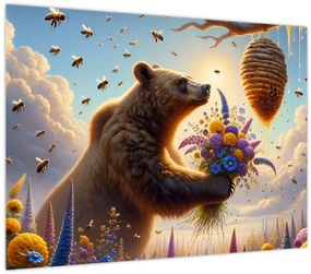 Tablou pe sticlă - Ursul și albinele (70x50 cm)