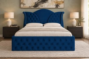 Pat tapițat Chesterfield din catifea Velora Deluxe Classic 180×200 cm, bleumarin, cu ladă de depozitare
