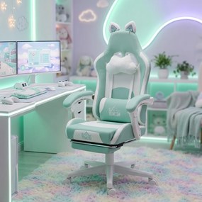 Scaun de Gaming Reclinabil HOMCOM cu Suport pentru Picioare și Perne, din Piele Artificială și Spumă, 65x62x116-124 cm, Albastru și Alb | Aosom Romania