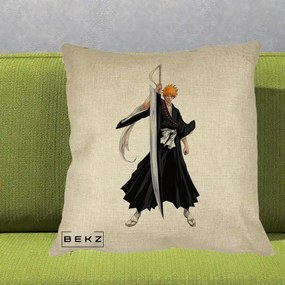 Perna Personalizata Bleach Ichigo Kurosaki Zangetsu, 40x40 cm, Crem, Husa Detasabila, Perna Inclusa, BEKZ®