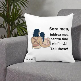 Cadou pentru Sora - Perna Personalizata Sora Mea Te Iubesc Doua Fete Fashioniste Line Art, 40x40 cm, Alba Mata, Husa Detasabila, Perna Inclusa, BEKZ®