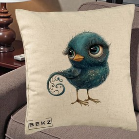Perna Decorativa Pasare Teal cu Motive Aurii si Coada Spiralata, 40x40 cm, Bej, Husa Detasabila, Perna Inclusa, BEKZ®