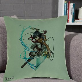 Perna Personalizata Attack on Titan Mikasa Ackerman Lupta, 40x40 cm, Verde, Husa Detasabila, Perna Inclusa, BEKZ®