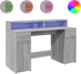 vidaXL Birou cu lumini LED, gri sonoma, 140x55x91 cm, lemn prelucrat