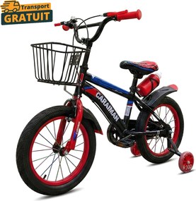 Bicicleta copii rosie 14 inch, cu roti ajutatoare, cos fata, bidon apa, Caraiman