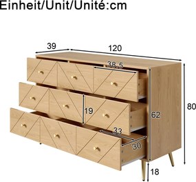 Comodă cu 9 sertare, cu mult spațiu de depozitare, modele geometrice, 120x39x80 cm, Culoare naturală