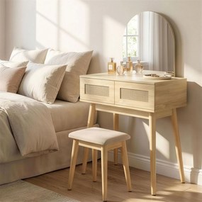 HOMCOM Masă de Machiaj cu Oglindă Arcuată 2 Sertare cu Față din Ratan pentru Spații Mici Natural | Aosom Romania