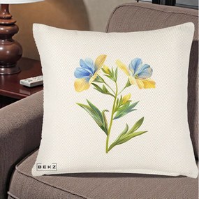 Perna Decorativa Botanica Frezie Galbena si Albastra, 40x40 cm, Crem Reliefat, Husa Detasabila, Perna Inclusa, BEKZ®