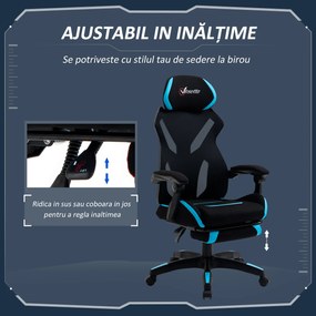 Vinsetto Scaun Gaming cu Suport Lombar, Scaun Birou Ergonomic cu Inălțime Reglabilă din Țesătură, 65x65x119-129 cm, Negru și Albastru | Aosom Romania