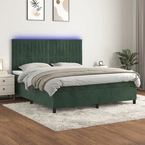 3136254 vidaXL Pat cu arcuri, saltea și LED, verde închis, 160x200 cm, catifea