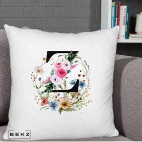Cadou Personalizat - Perna Personalizata Monograma Florala Litera Z cu Coroana, 40x40 cm, Alb Pufos, Husa Detasabila, Perna Inclusa, BEKZ®