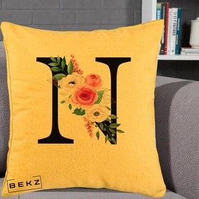 Cadou Personalizat - Perna Personalizata Monograma Florala Litera N, 40x40 cm, Galben, Husa Detasabila, Perna Inclusa, BEKZ®