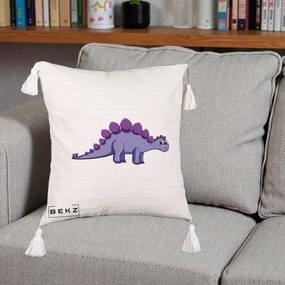 Perna Personalizata Stegozaur Mov, 40x40 cm, Bej cu Franjuri, Husa Detasabila, Perna Inclusa, BEKZ®