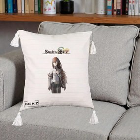 Perna Personalizata Steins Gate Kurisu Makise Anime, 40x40 cm, Bej cu Franjuri, Husa Detasabila, Perna Inclusa, BEKZ®
