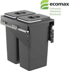 Cos gunoi incorporabil Ecomax Front 40, cu extragere automata, colectare selectiva, gri antracit, 2 x 26 l H:530 mm, L:360 mm,:A: 480 mm,