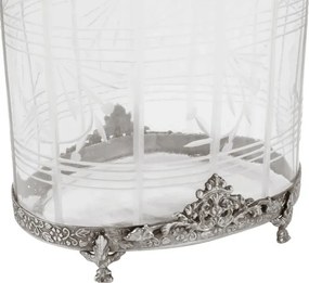 Suport lumânare din sticlă decorată manual și alamă, argintiu, oval, cu mânere și margine ornamentată, aspect vintage, finisaj antichizat, 19 x 15