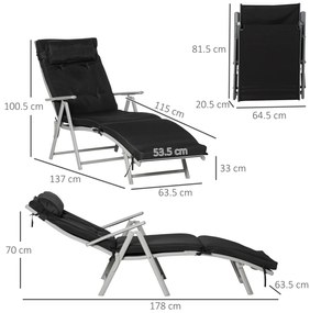 Outsunny Șezlong pliabil 7 poziții, șezlong înclinabil, confort sporit cu saltea + cotiere, metal epoxidic, textilenă, poliester Negru | Aosom Romania