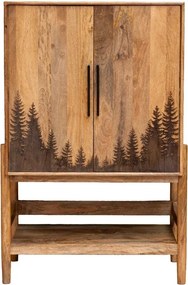 Dulap din lemn de mango, cu 2 uși gravate cu motiv de pădure, 5 rafturi și mânere, natur, finisaj mat, 93×45.5×142.5 cm, „Forestia"