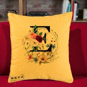Cadou Personalizat - Perna Personalizata Monogram Litera E cu Flori Acuarela, 40x40 cm, Galben, Husa Detasabila, Perna Inclusa, BEKZ®