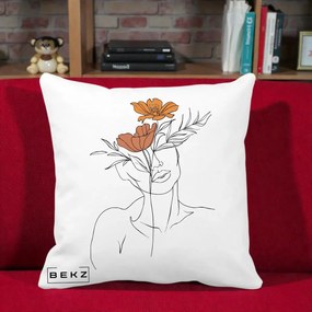 Perna Decorativa Portret Feminin Doua Flori, 40x40 cm, Alba Mata, Husa Detasabila, Perna Inclusa, BEKZ®