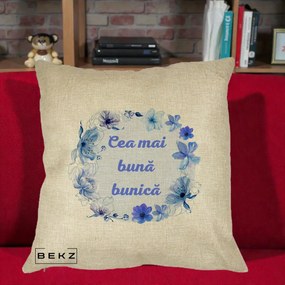 Cadou pentru Bunica - Perna Personalizata Cea Mai Buna Bunica Coronita Flori Albastre Acuarela, 40x40 cm, Crem, Husa Detasabila, Perna Inclusa, BEKZ®