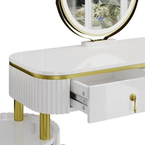 SEA422 - Set Masa toaleta, 100 cm, cosmetica machiaj, oglinda cu LED, masuta vanity - Alb-Auriu