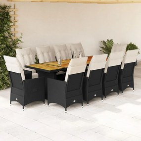 3277232 vidaXL Set bistro de grădină, 11 piese, cu perne, negru, poliratan