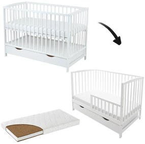 Patut din lemn masiv cu sertar, capac si bariera 120x60 cm Kidizi Orella alb si saltea cocos LUX 120x60x9 cm, reglabil pe 3 nivele, certificat EN71