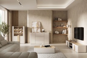 Vitrină Amilio 100 cm - cashmere / stejar uleiat / mânere stejar deschis